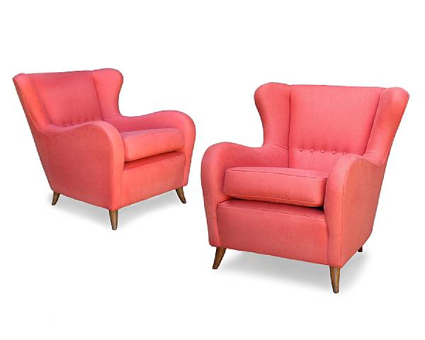 Appraisal: A pair of Italian upholstered armchairs circa Each with peaked