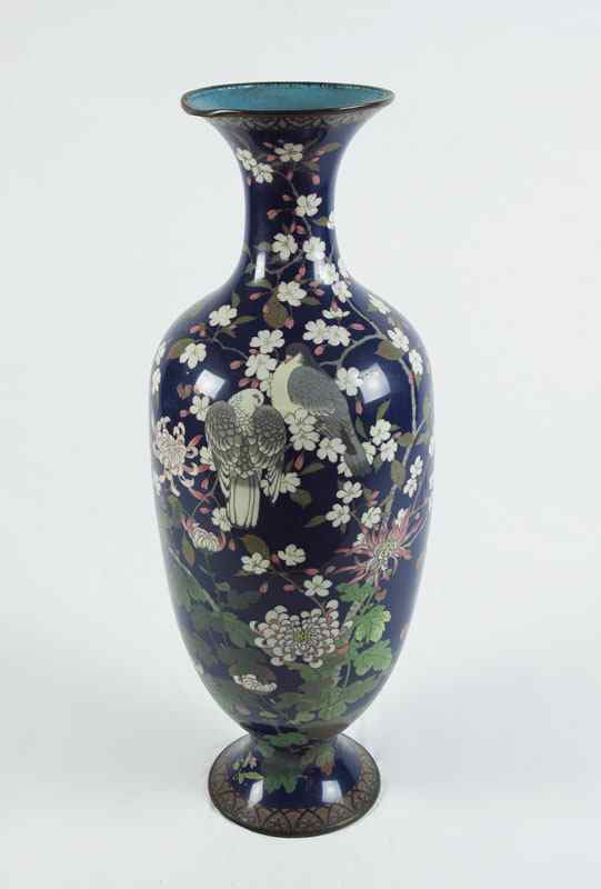 Appraisal: PALATIAL '' TALL CLOISONNE VASE Lovebirds and floral decoration CONDITION