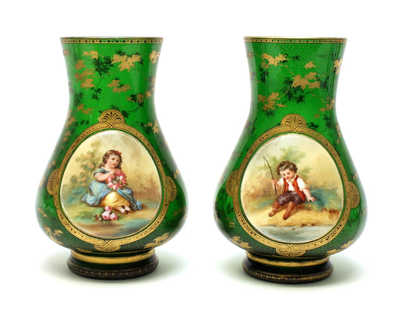 Appraisal: A pair of green glass and enamel overlaid vases late