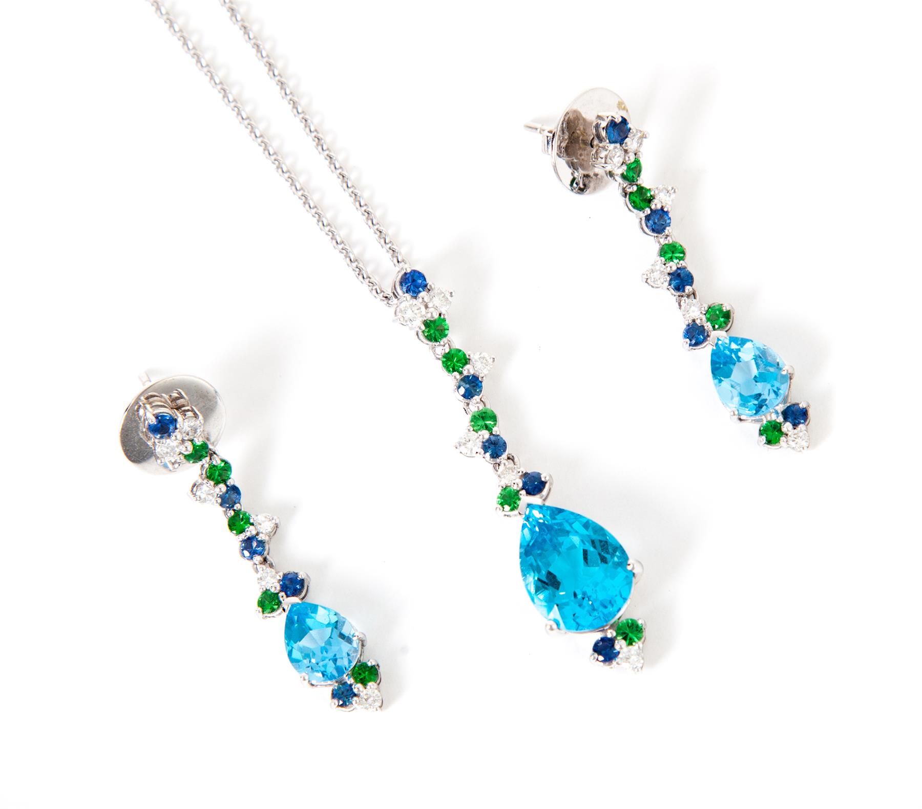 Appraisal: BLUE TOPAZ AND DIAMOND EARRINGS AND NECKLACE American st century