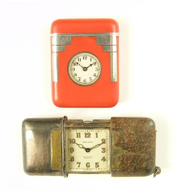 Appraisal: An Art Deco silver and red lacquer bag watch