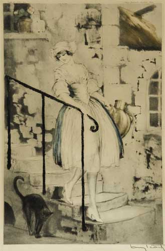 Appraisal: LOUIS ICART Milkmaid Color etching x mm x inches full