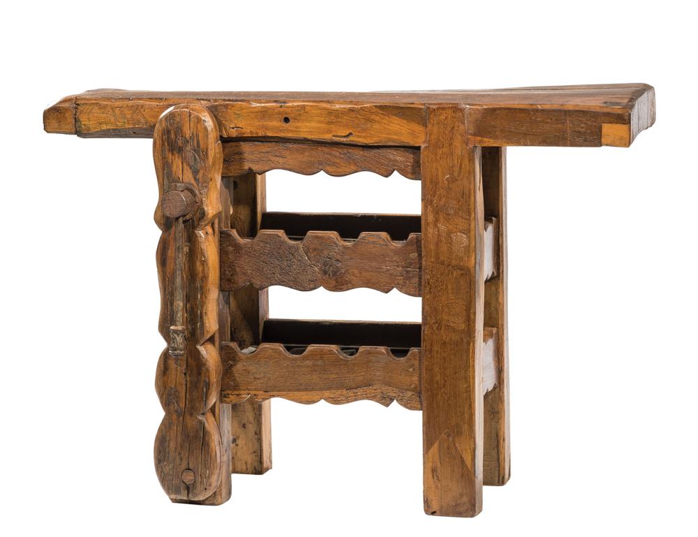 Appraisal: American Slab Wood Carpenter's Bench converted to a decanting table