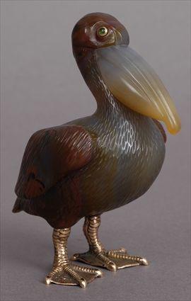 Appraisal: RUSSIAN GOLD-MOUNTED CARVED AGATE FIGURE OF A PELICAN Standing facing