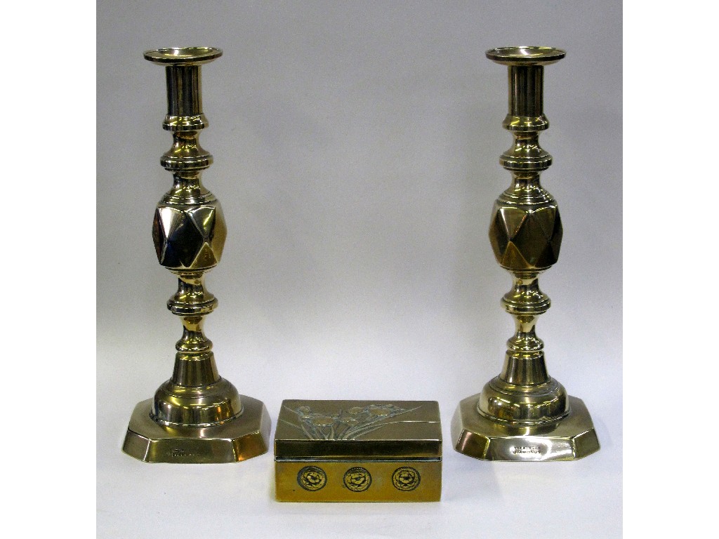 Appraisal: Pair of brass King of Diamonds candlesticks and brass box