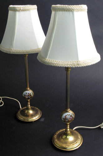 Appraisal: PAIR OF GILT METAL BOUDOIR LAMPS having porcelain medallion insets