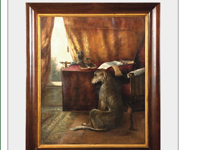 Appraisal: IRISH WOLFHOUND BESIDE HIS MASTER'S DESK Oil on canvas x