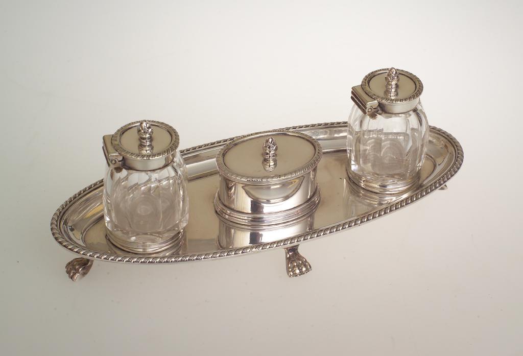 Appraisal: EDWARDIAN SILVER PLATE AND CUT-GLASS DESK STAND in th century