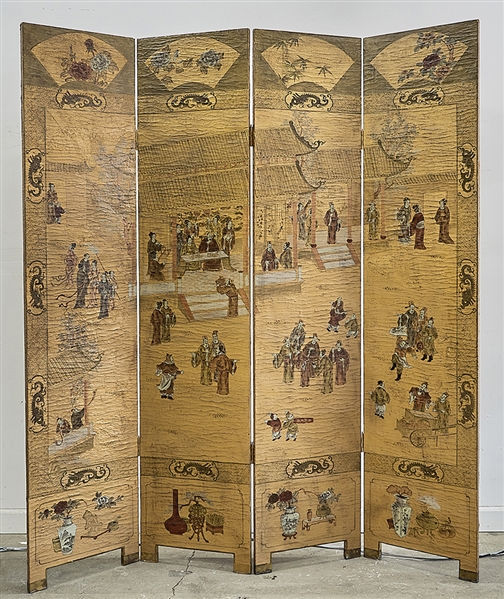 Appraisal: Chinese four-panel painted wood screen depicting a court scene flanked