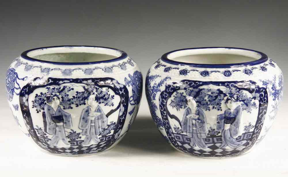 Appraisal: JARDINIERES - Pair of Chinese porcelain blue paneled figural and