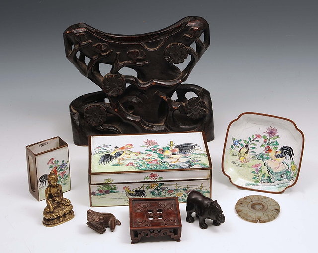 Appraisal: A Chinese bronze miniature Buddhaenamel hardwood and other pieces