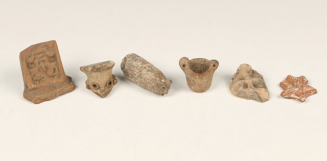 Appraisal: SIX MEXICAN PIECES a whistle with bird head three modelled