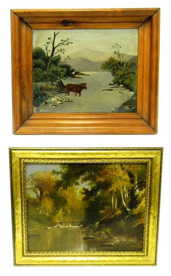 Appraisal: Two unsigned late th early th c oil paintings on