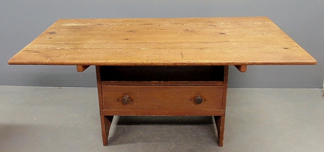 Appraisal: - Pine bench table with a three-board top above a