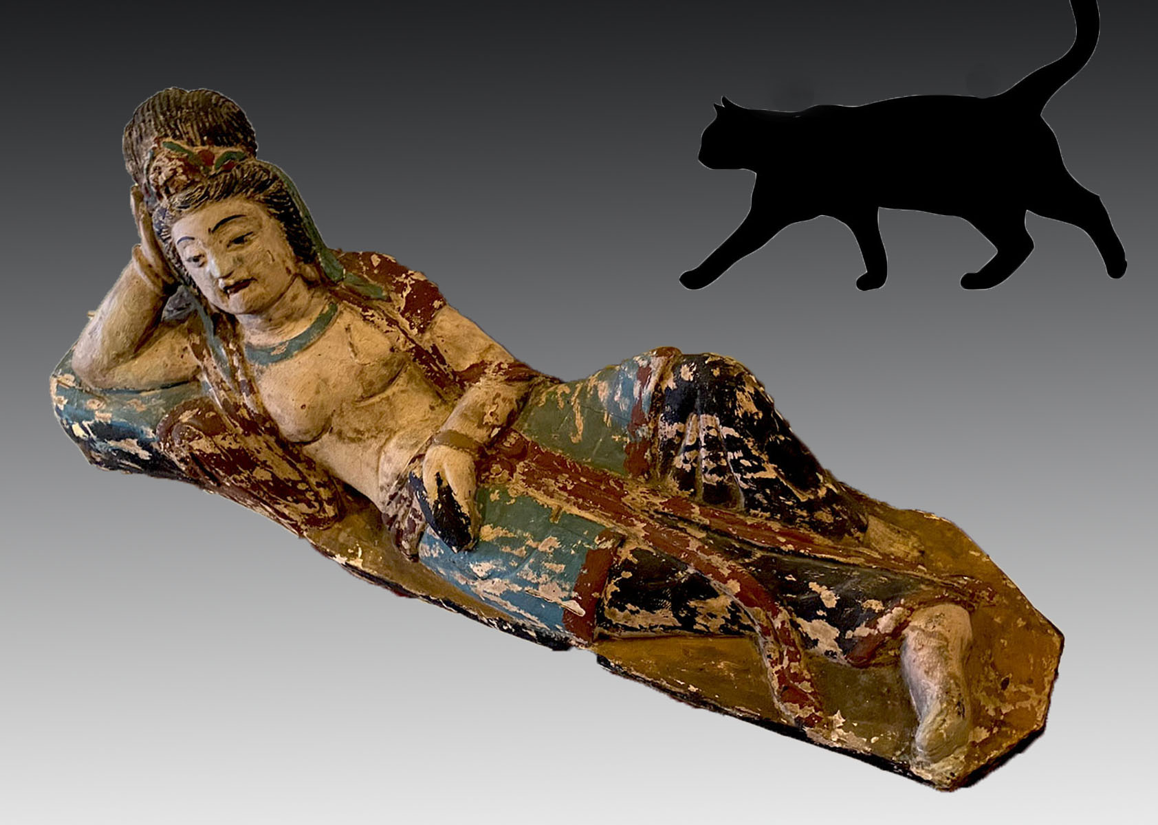 Appraisal: LARGE EARLY CARVED CHINESE RECLINING QUAN YIN Polychrome wood Quan