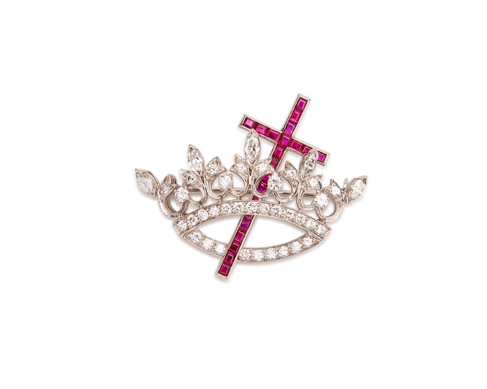 Appraisal: Platinum Diamond and Ruby Knights Templar Brooch Platinum Diamond and