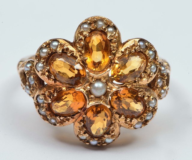 Appraisal: Victorian ct gold ringwith yellow stone and pearl settings