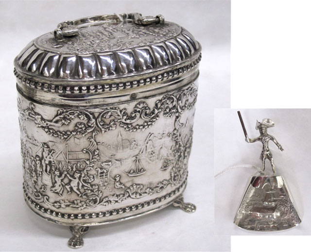 Appraisal: NETHERLANDS SILVER TEA CADDY AND SCOOP pieces with repousse decoration