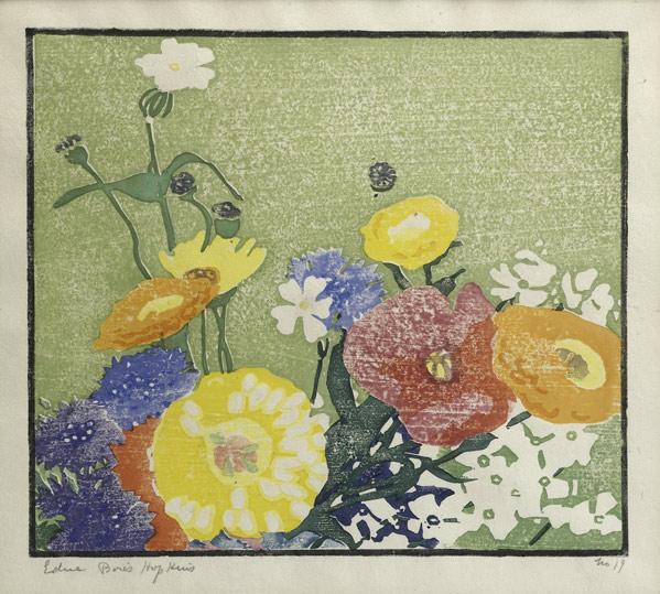 Appraisal: EDNA BOIES HOPKINSColor woodblock print Orange Sunflower Matted and framedPencil