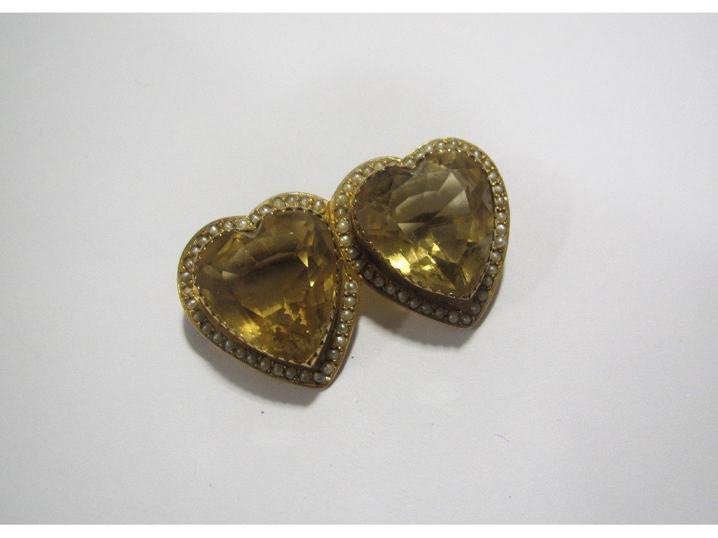 Appraisal: Victorian ct gold twin heart citrine brooch with seed pearl