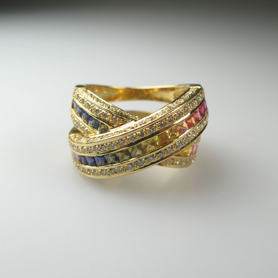 Appraisal: k Yellow Gold Cross-Over Ring channel set with various coloured