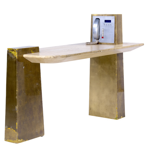 Appraisal: KARL SPRINGER Telephone table with snakeskin top metallic lacquered plank