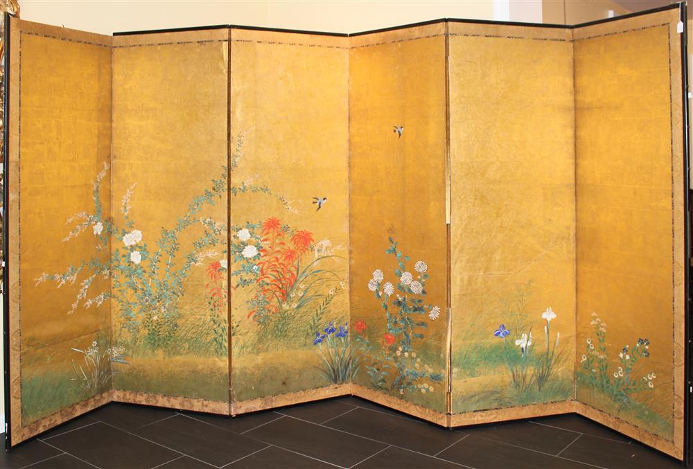 Appraisal: JAPANESE SIX PANEL RIMPA-STYLE SCREEN MEIJI PERIOD ink and color