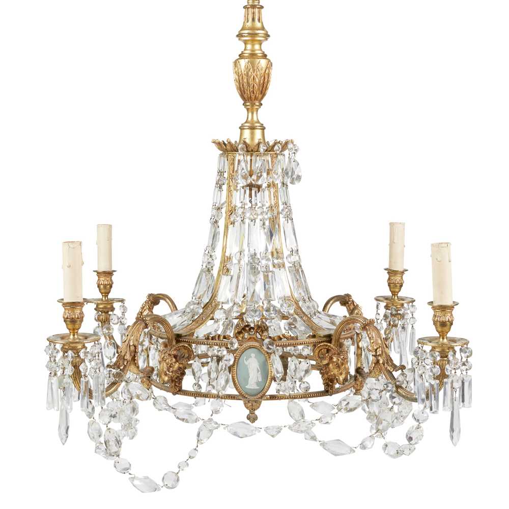 Appraisal: REGENCY STYLE GILT BRONZE CRYSTAL AND JASPERWARE MOUNTED CHANDELIER EARLY