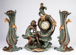 Appraisal: Art Nouveau style clock garniture h Art Nouveau inspired patinated