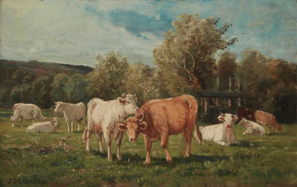 Appraisal: J D LARPENTEUR - COWS GRAZING OIL ON CANVASBOARD H