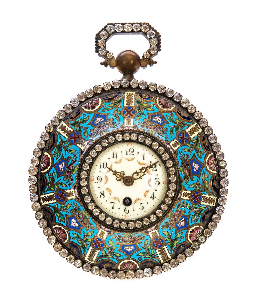 Appraisal: Jeweled Champlev Enamel Clock Champlev Enamel Clock with paste jewels