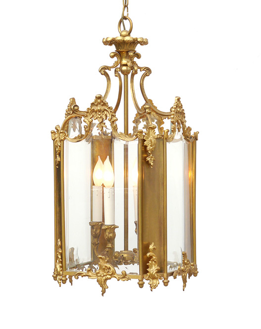 Appraisal: GILT BRONZE HANGING LANTERN Foliate motif gilt bronze frame with