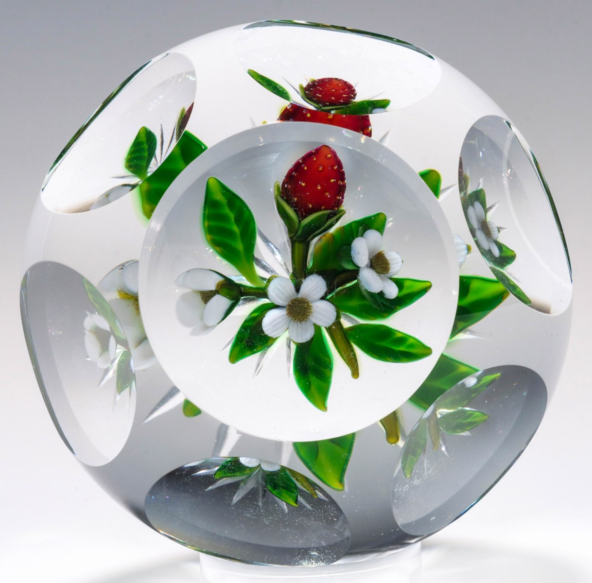 Appraisal: A DELMO TARSITANO FACETED PAPERWEIGHT WITH STRAWBERRIESDelmo Tarsitano Late th