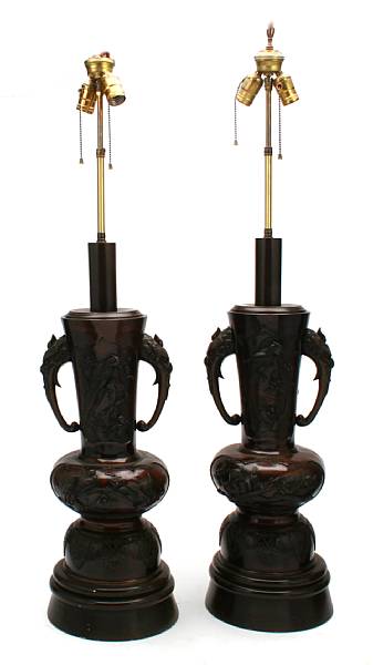 Appraisal: A pair of Chinese patinated bronze vases now as lamps