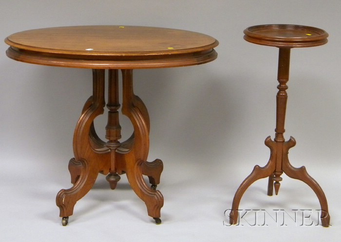 Appraisal: Victorian Oval Carved Walnut Occasional Table and Small Stand