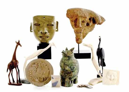 Appraisal: Primitive sculptures artifacts and coins Egyptian carved stone head on