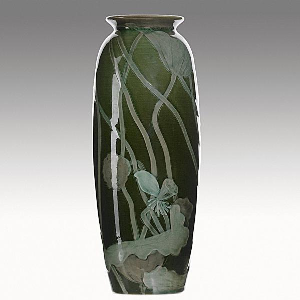 Appraisal: ARTUS VAN BRIGGLEROOKWOODExceptional Sea Green vase with poppies Flame mark