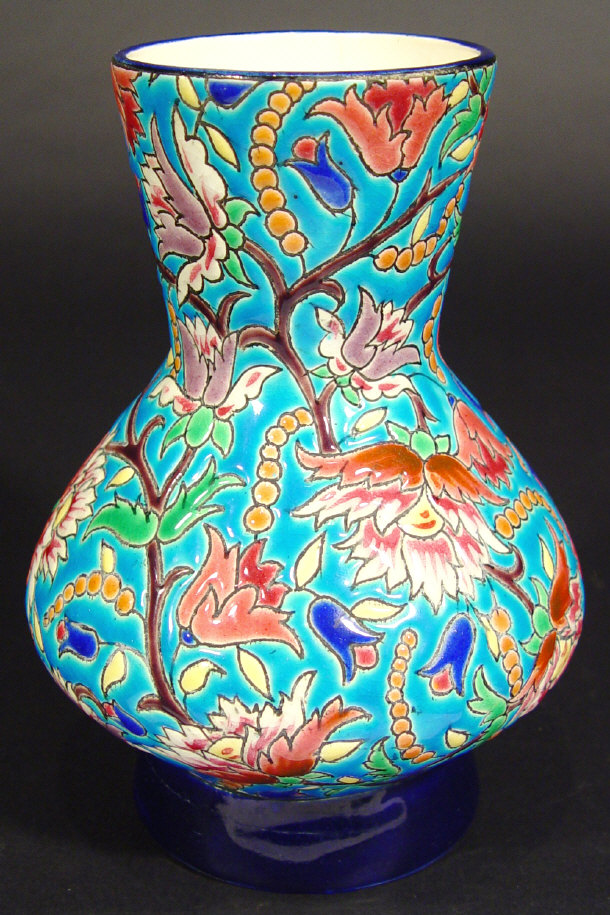 Appraisal: Longwy vase incised and enamelled with flowers onto a blue