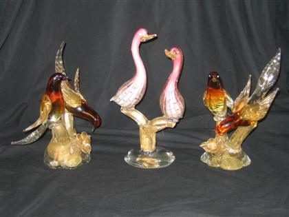 Appraisal: Three Murano glass bird groups mid th century Comprising a