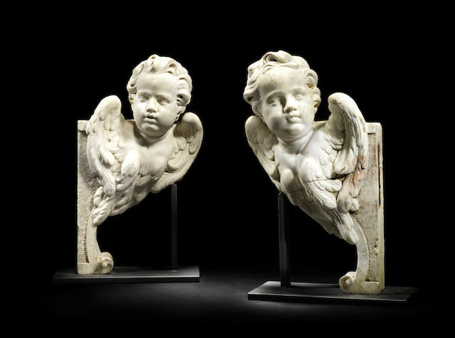 Appraisal: A pair of Italian Barocco th century white marble angels