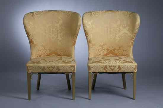 Appraisal: PAIR MID-CENTURY YELLOW-GOLD DAMASK UPHOLSTERED FAN-BACK SIDE CHAIRS circa Painted