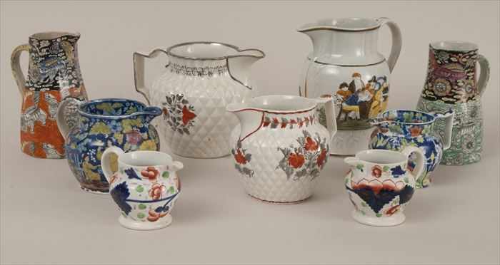 Appraisal: ASSORTED ENGLISH CERAMIC JUGS Comprising one pearlware with figural reliefs