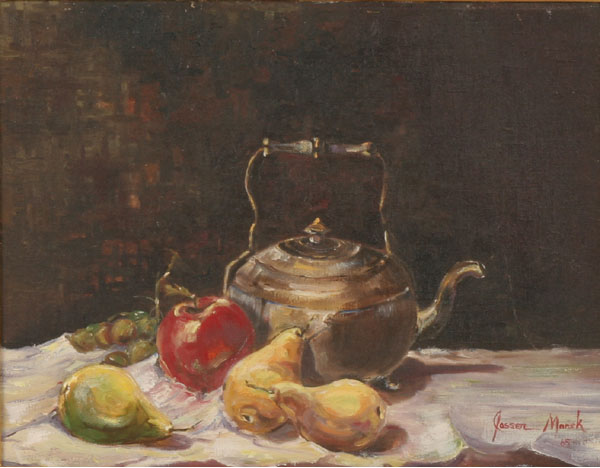 Appraisal: Jassen Marek American b still life with fruit and teapot