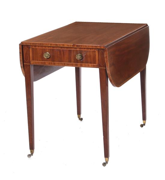 Appraisal: Sheraton inlaid mahogany Pembroke table circa crossbanded top single drawer