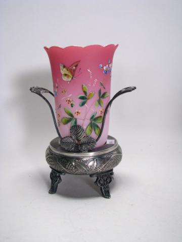 Appraisal: Victorian Enameled Vase with Silver Plate Stand cased glass with