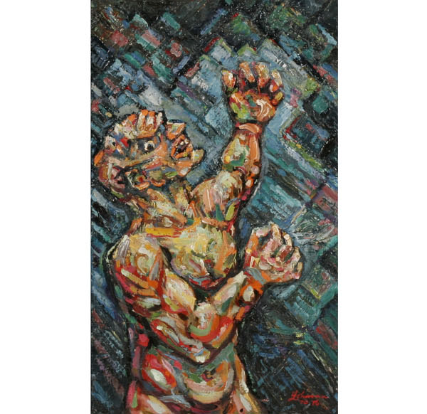 Appraisal: Robert Lohman American - exaggerated nude male figure oil on