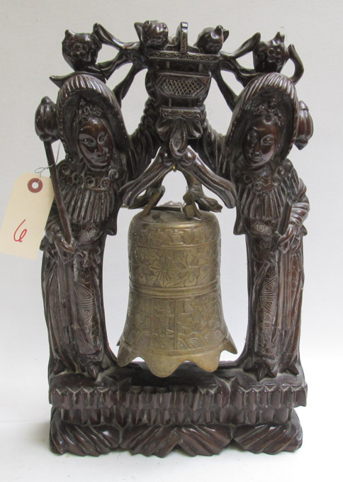 Appraisal: CHINESE FIGURAL WOOD STAND WITH BRASS BELL the stand having