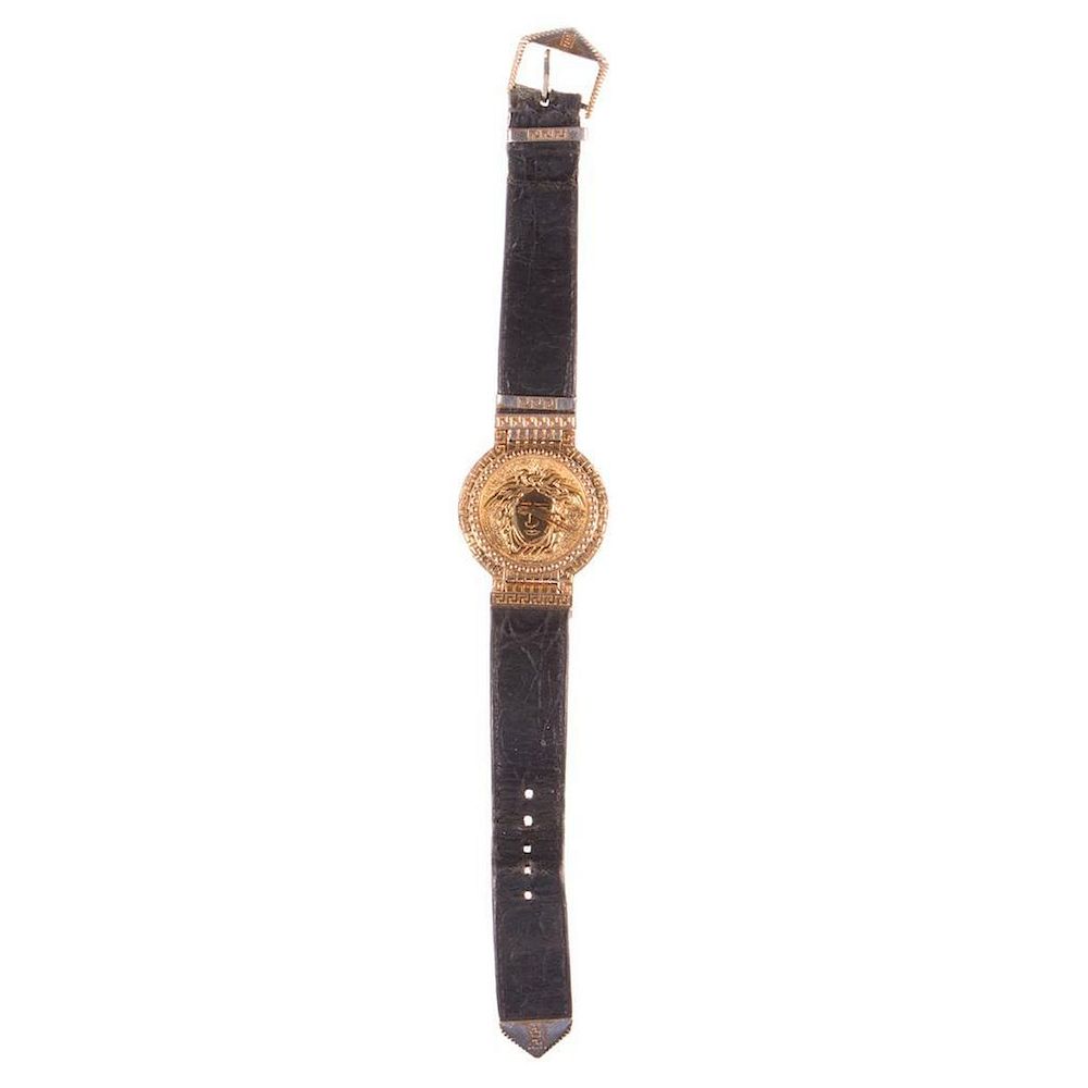 Appraisal: Gianni Versace Gold Plated Medusa Watch with box moderate wear