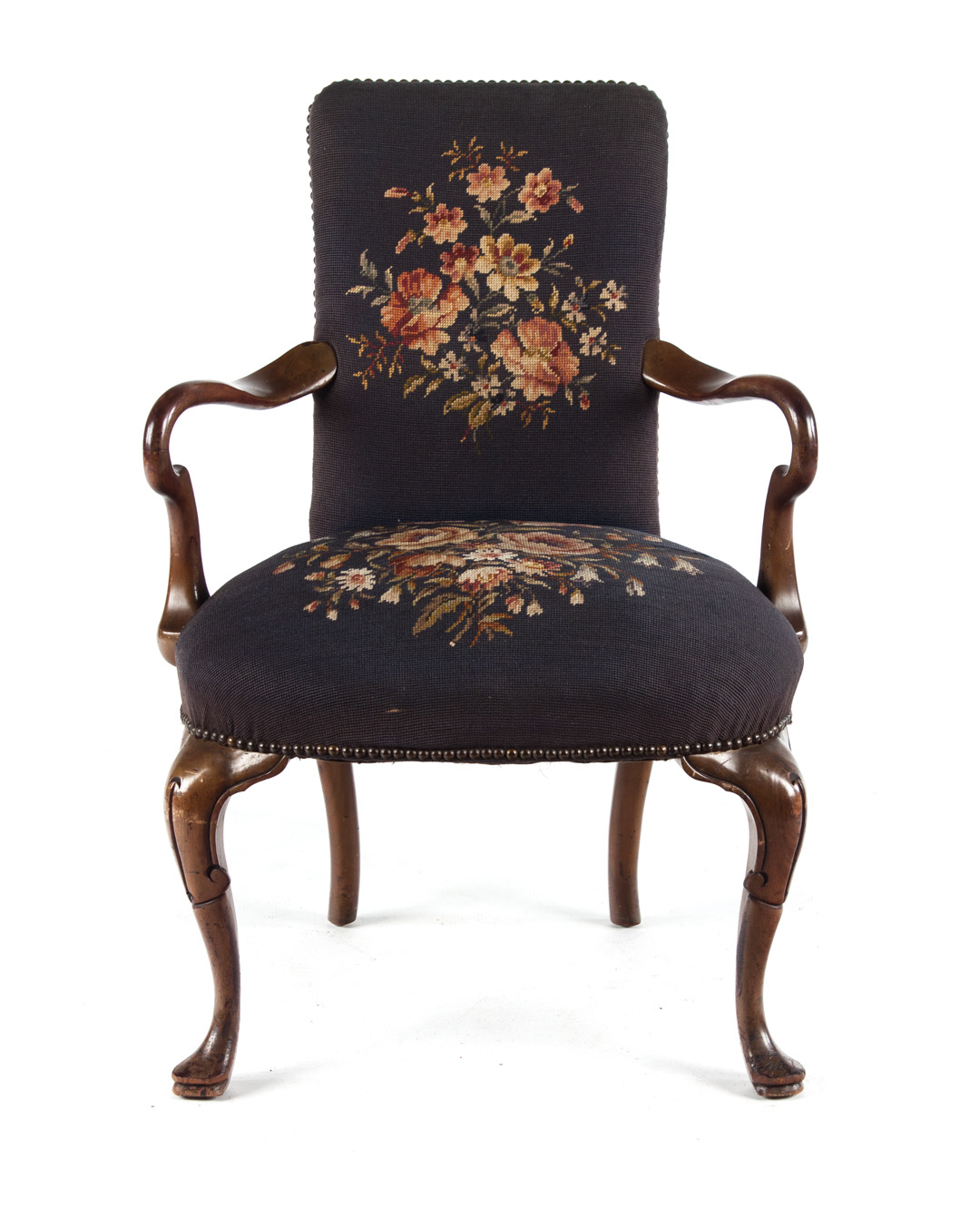 Appraisal: Queen Anne style walnut upholstered armchair needlepoint upholstered back and