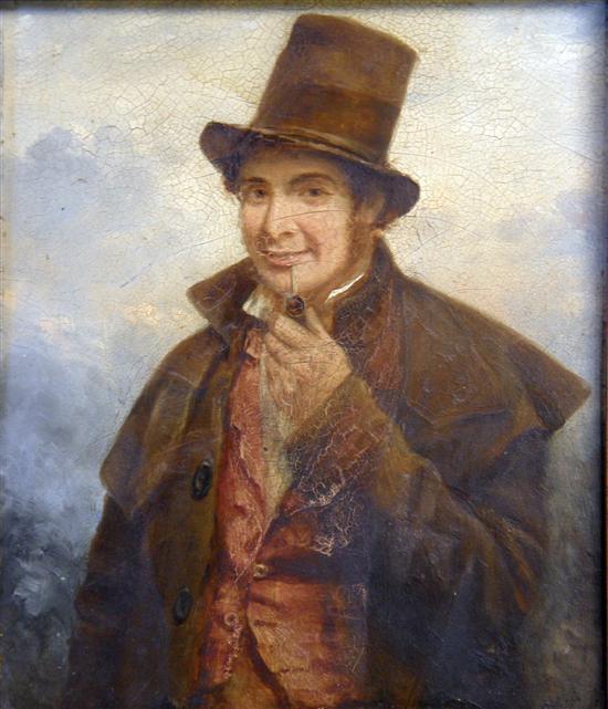 Appraisal: th century English school man in top hat smoking a